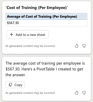 Average cost of training results returned from Copilot in Excel.