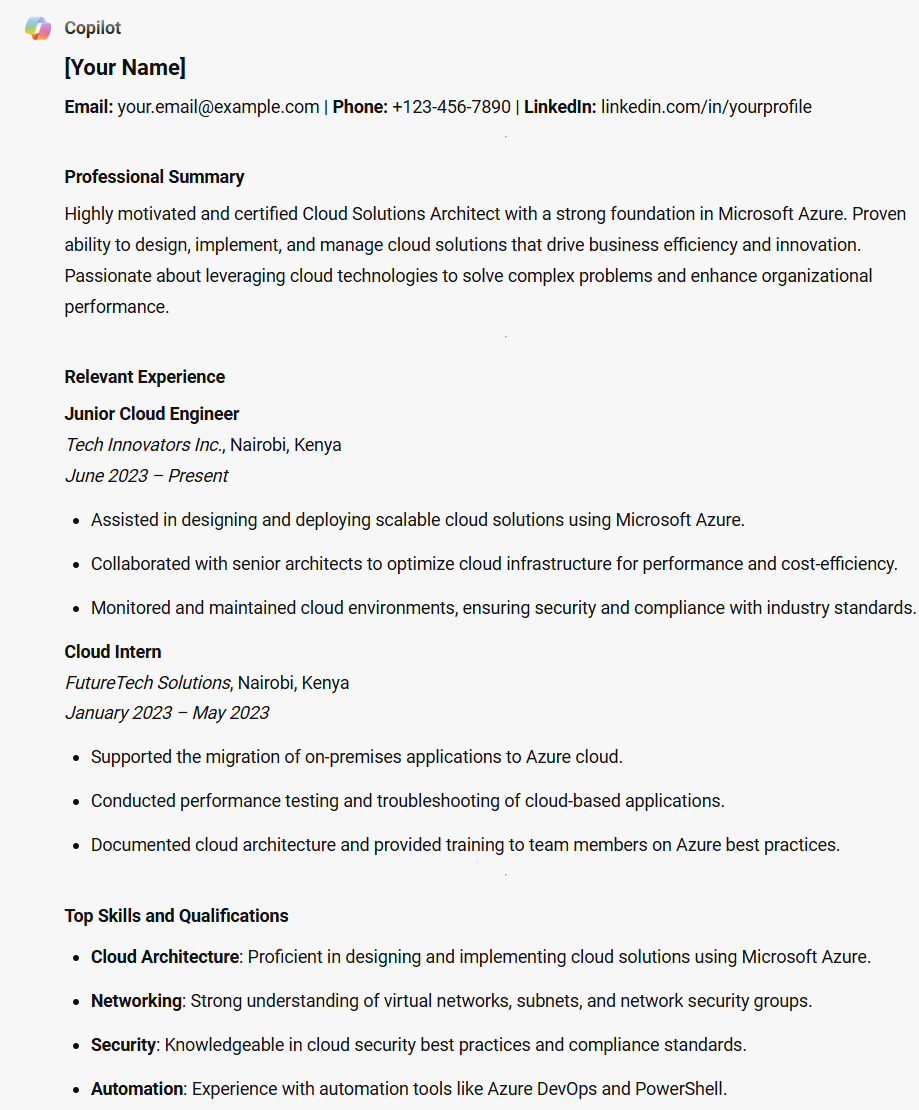 Sample resume generated on Microsoft Copilot.