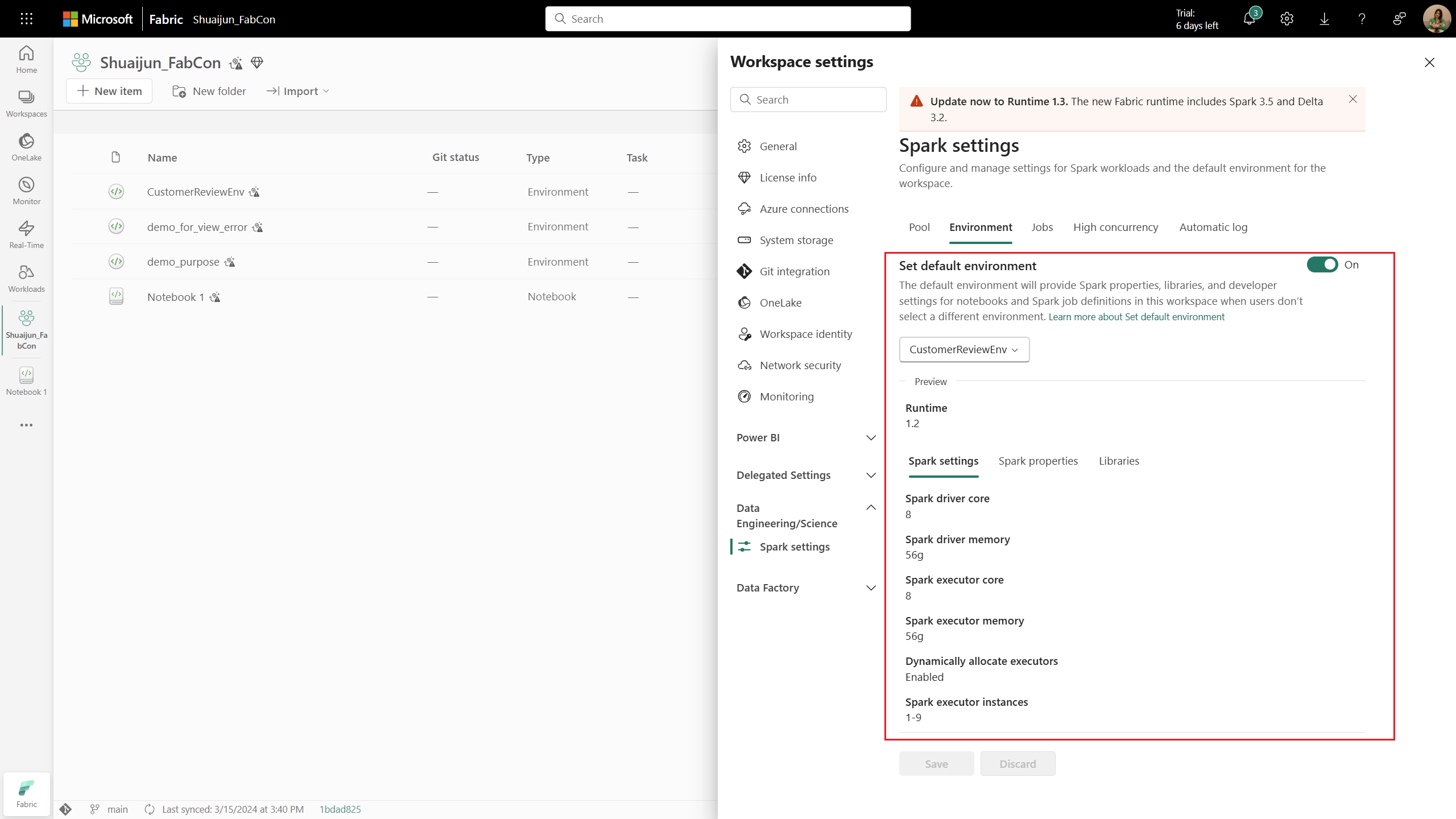 Screenshot that shows the Workspace settings Set default environment pane.